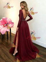 Burgundy Tulle V-neck Beading Prom Dress