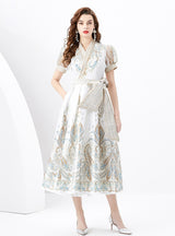 V-neck Lantern Sleeve Retro Print Dress