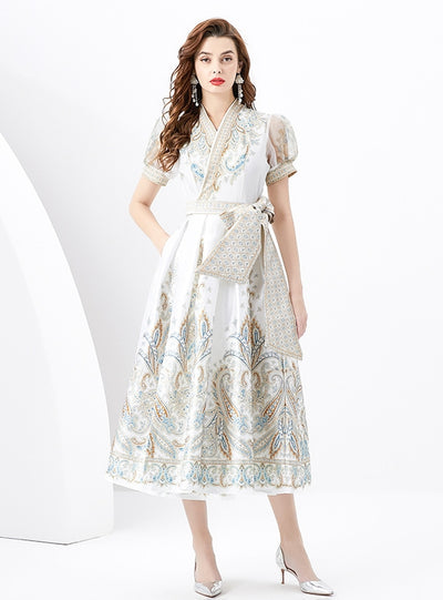 V-neck Lantern Sleeve Retro Print Dress