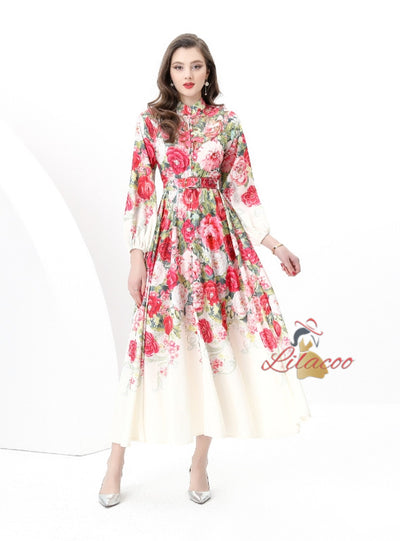 Retro Breasted Stitching Printed Long Dress