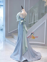 Blue Mermaid Straps Bow Prom Dress