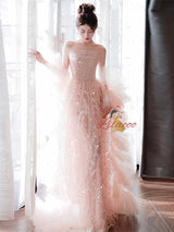 Pink Tulle Sequins Pleats Prom Dress