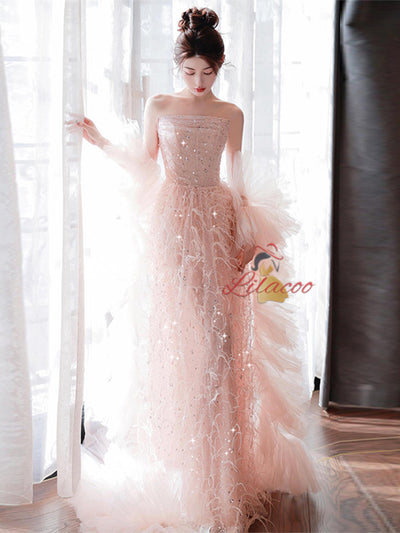Pink Tulle Sequins Pleats Prom Dress