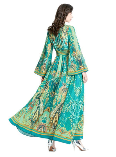 Long-sleeved V-neck Flared Sleeve Printed Dress