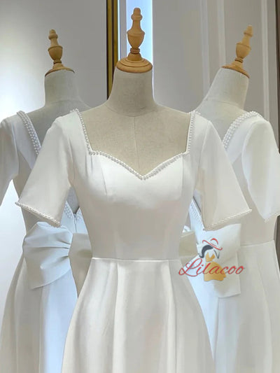 White Satin Short Sleeve Backless Wedding Dress