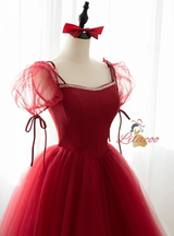 Burgundy Tulle Puff Sleeve Beading Prom Dress