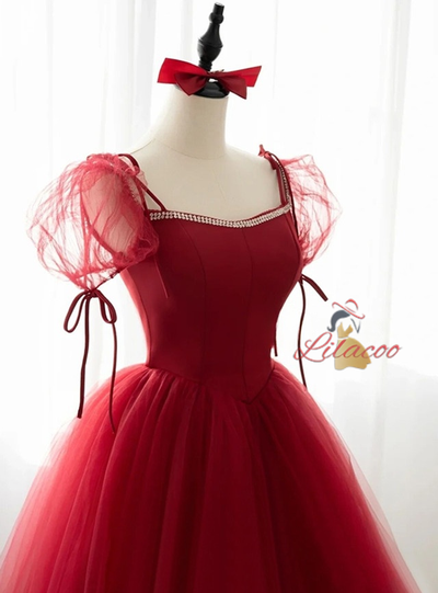 Burgundy Tulle Puff Sleeve Beading Prom Dress