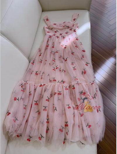 Pink Tulle Embroidered Slim Gauze Dress