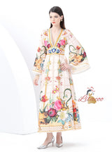 Retro Deep V-neck Flared Sleeve Printed Dress