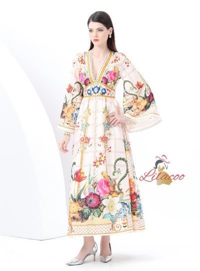 Retro Deep V-neck Flared Sleeve Printed Dress