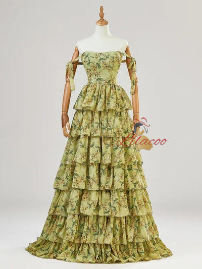 Simple Green Straps Print Tiers Prom Dress
