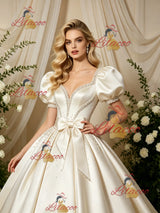 Ivory Satin Puff Sleeve Beading Wedding Dress