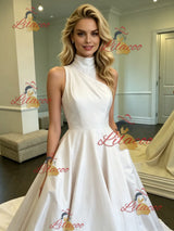 White Satin High Neck Wedding Dress