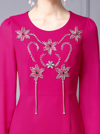Fuchsia Long Sleeve Beading Mother Of The Bride Dress