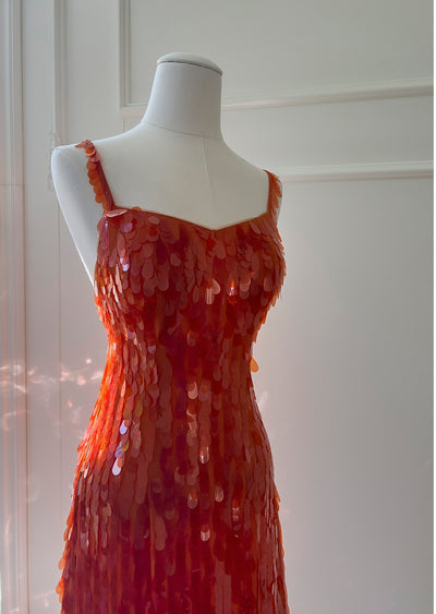 Orange Sequins Straps Long Prom Dress
