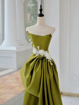 Green Satin Strapless Appliques Pleats Prom Dress