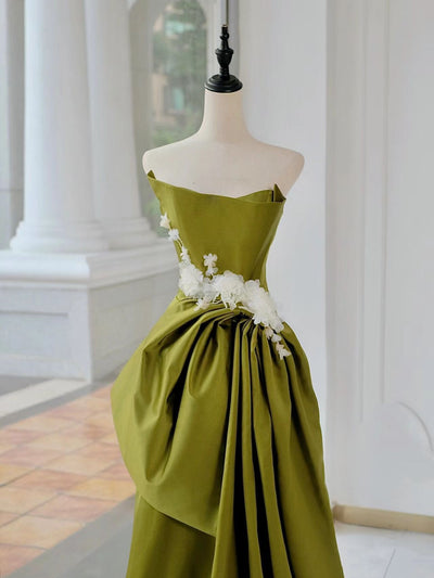 Green Satin Strapless Appliques Pleats Prom Dress