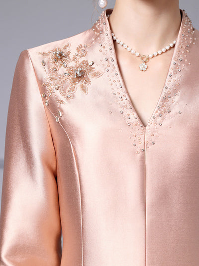 Champagne Satin V-neck Mother Of The Bride Dress