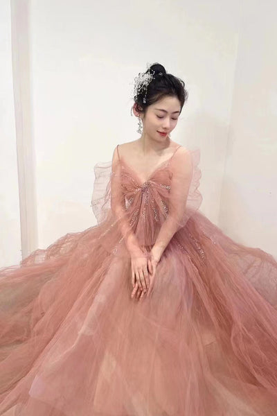 Pink Tulle Pleats Spaghetti Straps Prom Dress