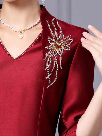 Burgundy Satin Short Sleeve Mother Of The Bride Dress