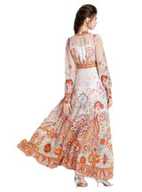 Retro Deep V-neck Lantern Sleeve Printed Dress