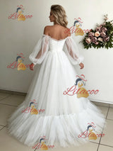 White Tulle Long Sleeve Wedding Dress