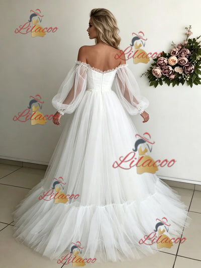 White Tulle Long Sleeve Wedding Dress