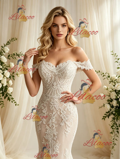 Champagne Mermaid Lace Off the Shoulder Wedding Dress