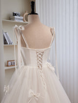 White Tulle Spaghetti Straps Pearls Bow Wedding Dress