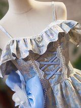Blue Spaghetti Straps Bow Homecoming Dress