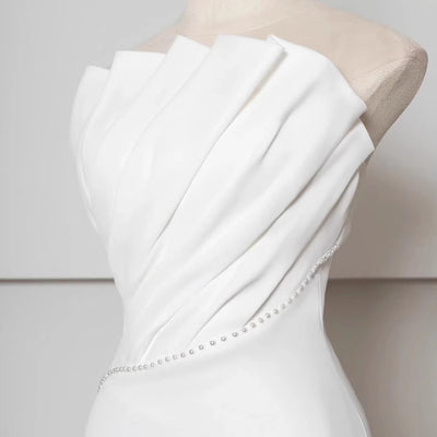 White Mermaid Pleats Pearls Wedding Dress