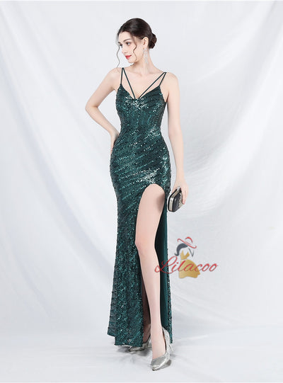 Mermaid Sequins Spaghetti Straps Split Prom Dress