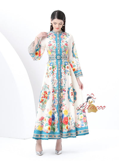 Palace Wind Horn Sleeve Button Printed Dress