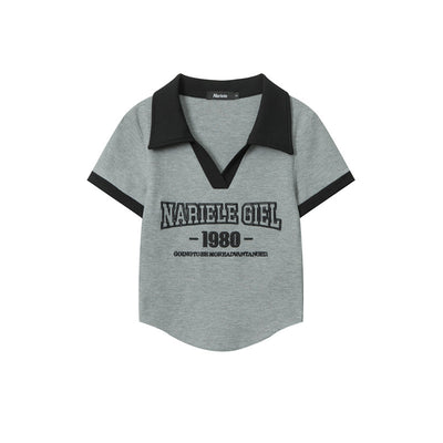 Letter Short Polo Neck Short Sleeve T-shirt