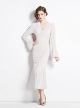 Horn Long Sleeve V-neck Lace Dress