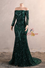 Green Mermaid Sequins Long Sleeve Prom Dress