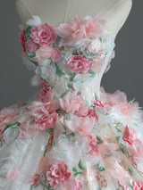 White Tulle Strapless 3D Flower Wedding Dress