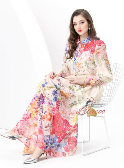 Chiffon Printed Long-sleeved Top Skirt Two-piece