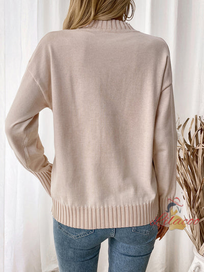 Flower-decorated Knitted Turtleneck Sweater