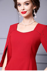 Red Split Short Sleeve Mother Of The Bride Dress
