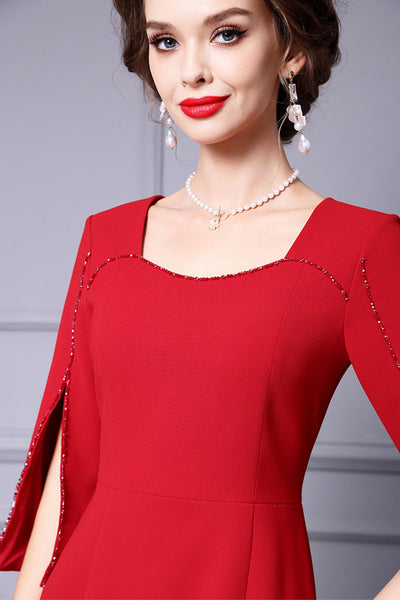 Red Split Short Sleeve Mother Of The Bride Dress