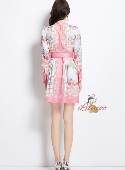 Retro Lapel Button Printed Dress