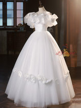 Vintage White Tulle 3D Flower Wedding Dress