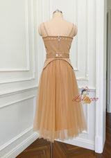 Khaki Tulle Embroidery Straps Prom Dress