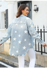 Star Print Long Sleeve Loose Denim Jacket
