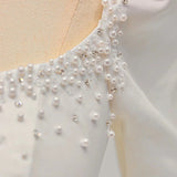 Ivory White Satin Long Sleeve Pearls Wedding Dress