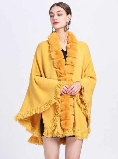 Fur Collar Fringed Plus Size Knitted Coat Shawl Cloak