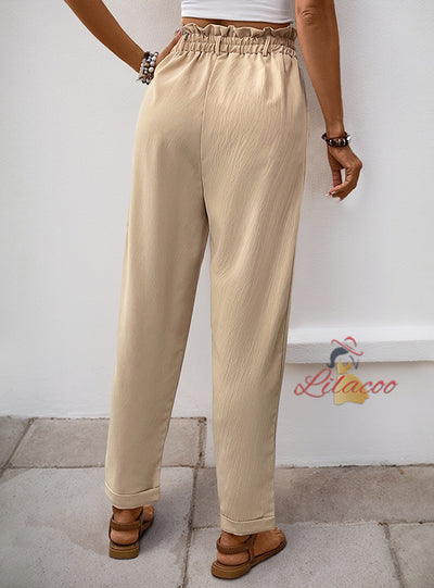 Pocket Elastic Waist Straight Casual Pants