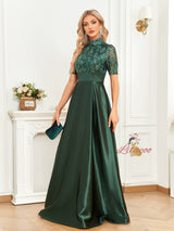 Short Sleeve Satin High Neck Prom Dress
