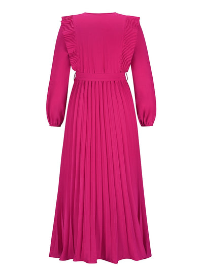 V-neck Pleated Long Sleeve Dress